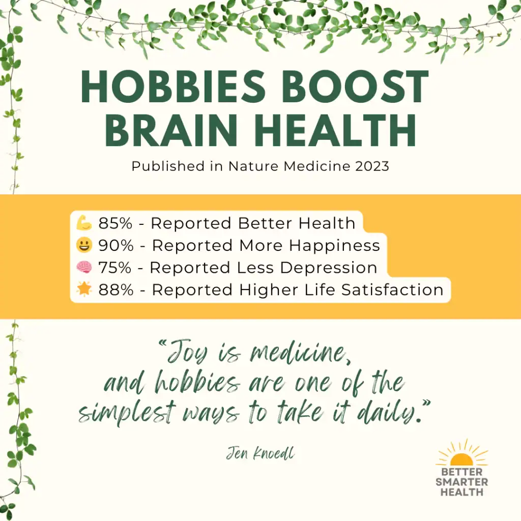 Hobbies for Older Adults, Published in Nature Medicine 2023.” Four stats are shown with icons: 💪 85% reported better health, 😀 90% reported more happiness, 🧠 75% reported less depression, 🌟 88% reported higher life satisfaction. At the bottom is a quote by Jen Knoedl: “Joy is medicine, and hobbies are one of the simplest ways to take it daily.” The Better Smarter Health logo is in the corner, with a green vine design framing the top.
